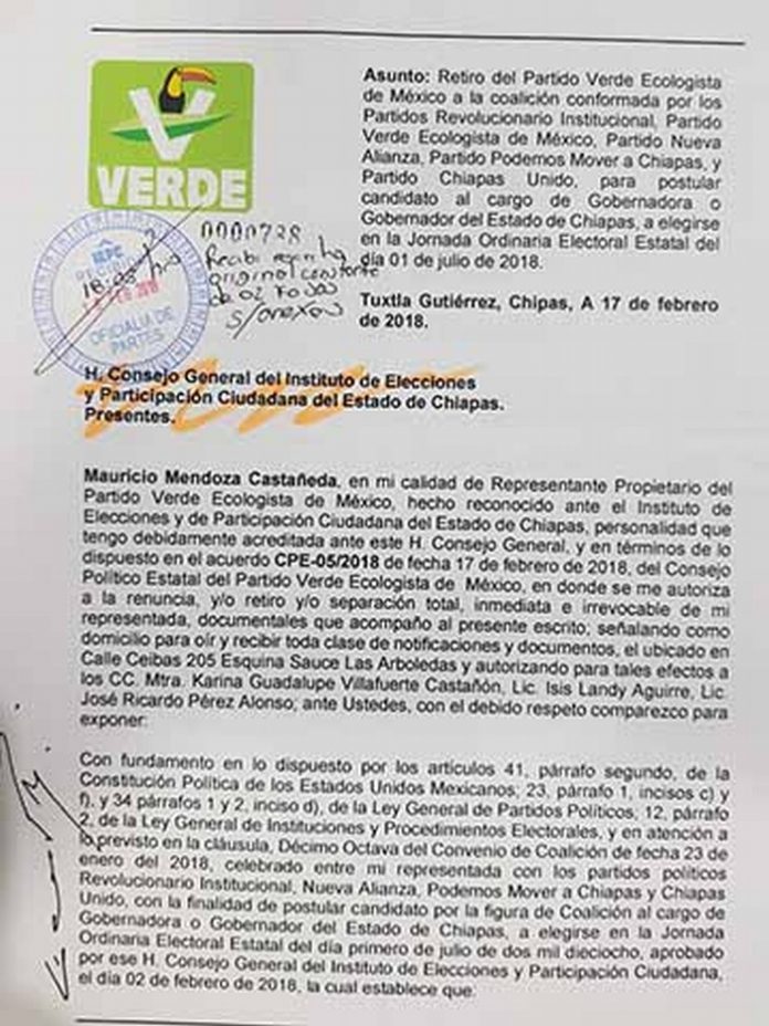 PVEM, Mover a Chiapas y Chiapas Unido Irán Separados del PRI y Nueva Alianza en la Elección Para Gobernador