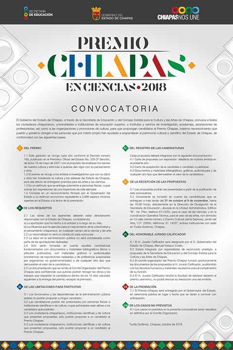 Emiten Convocatoria Para Premio Chiapas 2018