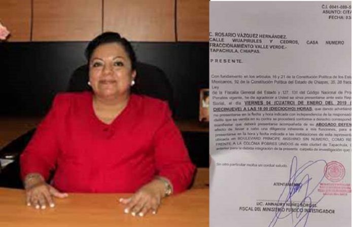 La Fiscalía General de Justicia del Estado llamó a comparecer a Rosario Vázquez Hernández, quien hasta hace tres meses ocupara el cargo de Síndico en el Ayuntamiento de Tapachula.
