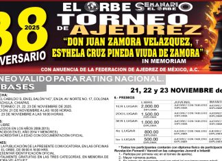 38 TORNEO “DON JUAN ZAMORA VELÁZQUEZ, ESTHELA CRUZ PINEDA VIUDA DE ZAMORA” DE AJEDREZ IN MEMORIAM 2025